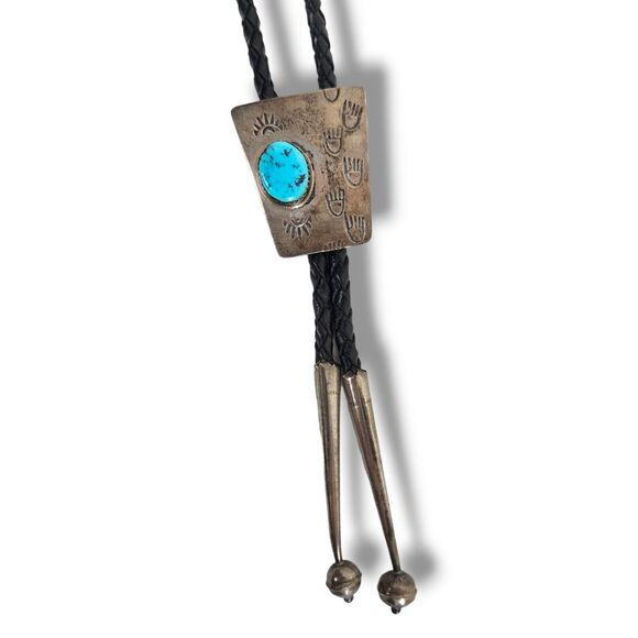 Vintage Sterling Silver Bolo Tie Slide Native American Turquoise Bear Claw LP - Picture 2 of 11